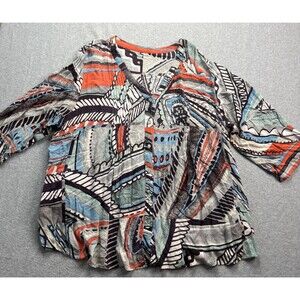 Orientique  Womens Top 2X Artsy Multicolor Pintuck Buttonup Pockets Art to Wear